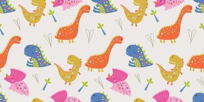 Seamless pattern with several types of dinosaurs on a light background. Cute dinosaurs with a Dinosaur Day theme. It can be used for wrapping paper, gift wrapping, textiles, etc. vector