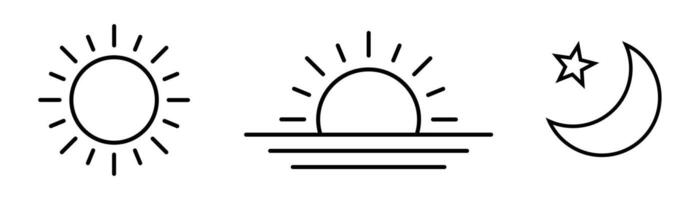 Time of the day signs. Rising and setting sun icon, crescent moon and stars, day and night time symbols. vector