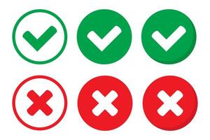 Right or wrong icons. Green tick and red cross checkmarks. Yes or no symbol, approved or rejected icon for user interface. vector