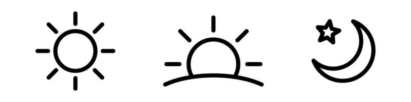 Time of the day signs. Rising and setting sun icon, crescent moon and stars, day and night time symbols. vector