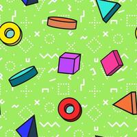 seamless colorful abstract pattern with creative 3d geometric shapes. Bright trendy green design, fashion retro style 80 - 90s. Art fun background. Vibrant fabric print vector