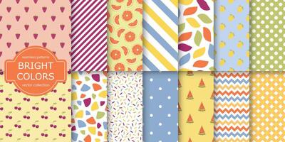 Collection of bright colorful seamless patterns - summer design. Cute endless prints. Repeatable unusual backgrounds vector