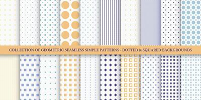 Collection of seamless geometric dotted patterns. Simple color textures with spots and squares - repeatable unusual bright backgrounds. Textile endless polka dot prints vector