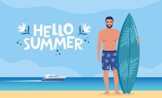 Young man surfer with surfboard standing on the beach. Seashore and Hello Summer lettering. Concept of adventure, journey, summer trip. Illustration. vector
