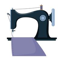Manual sew machine and piece of fabric with stitching. Black retro sewing machine for tailoring. vector