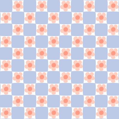 Summer floral checkered seamless pattern. Bold flowers in geometric square shapes. Retro repeat background with hand drawn pink daisy, cute gentle textile design, wallpaper, print. illustration