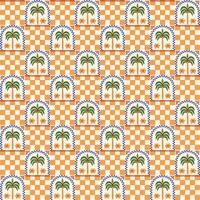 Summer tropical checkered seamless pattern. Retro chess print with palm trees in arch. Yellow mosaic design. Groovy 70s, 60s repeat background fashion, fabric, textile, wallpaper , wrapping. vector