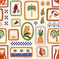 Tropical patchwork seamless pattern. Cute jungle framed repeat background. Summer palm tree, monkey animal, jaguar, toucan bird, leaves, fruit in frames. checkered print, geometric elements vector