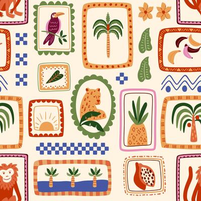 Tropical patchwork seamless pattern. Cute jungle framed repeat background. Summer palm tree, monkey animal, jaguar, toucan bird, leaves, fruit in frames. checkered print, geometric elements
