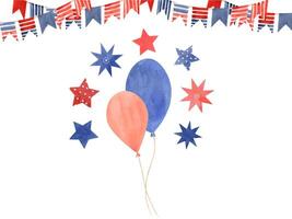 Balloons, stars and garland of flags in red blue colors. Stars of different shapes. Watercolor illustration of Happy 4th of July. Celebration template for poster, print, postcard. Empty for text. vector
