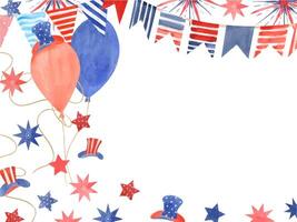 Balloons with Uncle Sam hats, stars and garland of flags in red blue colors. Celebration horizontal frame with national symbols. Watercolor illustration. Happy 4th of July. Empty for text vector