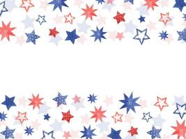 Red, blue stars in various shapes. Colored stars with white dots inside. Horizontal frame of elements in American flag colors. Celebration ornate. Watercolor illustration. For party, advertisement vector