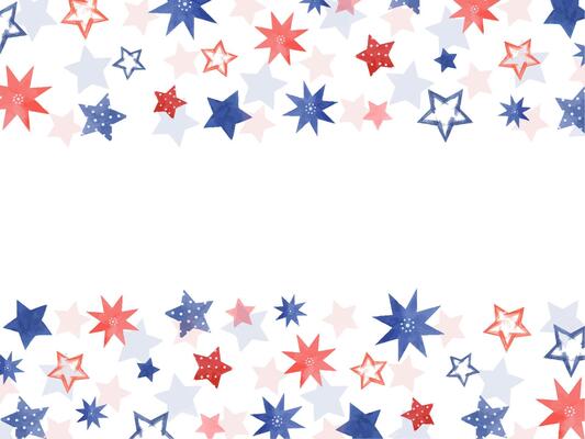 Red, blue stars in various shapes. Colored stars with white dots inside. Horizontal frame of elements in American flag colors. Celebration ornate. Watercolor illustration. For party, advertisement