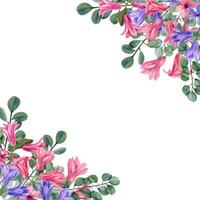 Watercolor pink, blue hyacinth. Square frame with flowers and eucalyptus. Copy space for text. Botanical painting for postcard design, invitation template. vector