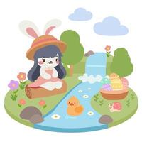 Kawaii Easter Bunny with Eggs by the River. Adorable Spring Illustration. Cute Bunny with Easter Eggs and Duck. vector