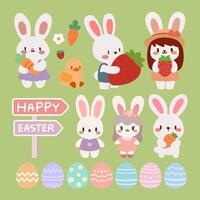 Easter Bunny and Spring Elements Cute Illustration.Adorable Easter Characters with Carrots and Eggs. vector