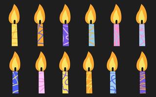 Set of colorful candles in doodle style with scribble textures. Holiday candles with burning flames, candlelight on wicks. Element for birthday cake or pie, invitation, greeting card and cake toppers. vector