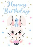 Birthday invitation card design with rabbit with birthday cupcake. Illustration with cute white bunny. Invitation for children in pink and blue color. Ready to use and editable template. vector