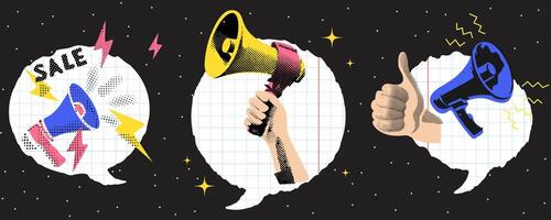 Trendy retro collage with megaphone, squared paper bubble speech, hand and sale message. Promotional clip art with loudspeaker. Announcing promo elements. Pop art halftone design. vector