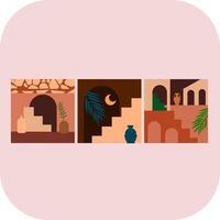 Illustrated ancient ziggurat structure surrounded palm trees under hazy sky vector