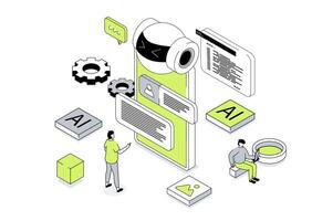 Artificial intelligence 3d isometric concept in outline isometry design for web. People working and programming ai robots, creating chatbot, machine learning and cyber automation. illustration. vector