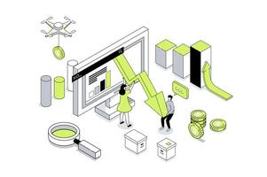 Crisis management 3d isometric concept in outline isometry design for web. People analyzing data with down arrow, brainstorming and creating idea, solving problem with strategy. illustration. vector