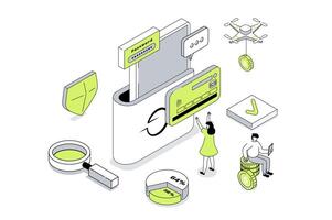 Mobile wallet app 3d isometric concept in outline isometry design for web. People managing financial account and credit cards at online banking service, making money transfer. illustration. vector