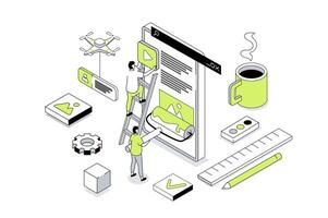 Web design 3d isometric concept in outline isometry design for web. People creating pages layouts, placing content blocks, programming and coding homepages for mobile phone. illustration. vector