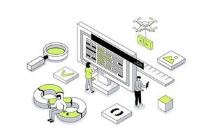 DevOps 3d isometric concept in outline isometry design for web. People communicating in team and collaborating in agile teamwork processes for programming products and support. illustration. vector