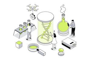 Science laboratory 3d isometric concept in outline isometry design for web. People researching dna molecule in glass, doing genetic tests and clinical experiments in flasks. illustration. vector