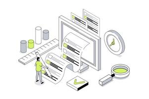 Online survey 3d isometric concept in outline isometry design for web. People giving feedback and evaluation, marking answer in questionnaire, voting in digital form on computer. illustration. vector