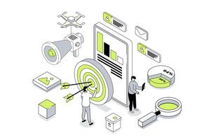 Target audience 3d isometric concept in outline isometry design for web. People study market data and customer trends, sets focus aim, create advertising for attract new clients. illustration. vector