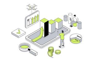 Business strategy 3d isometric concept in outline isometry design for web. People analyzing financial data, planning work tasks, achieving goals, developing success company. illustration. vector