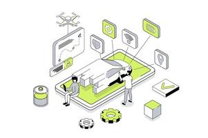 Smart car 3d isometric concept in outline isometry design for web. People managing of autonomous automobile with smartphone app, monitoring system, using online map navigation. illustration. vector