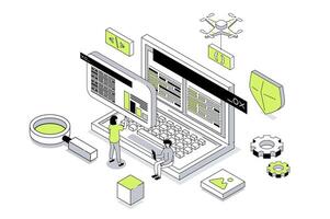 Programming 3d isometric concept in outline isometry design for web. People working with code at laptop screen, creating software, prototyping and making optimization programs. illustration. vector