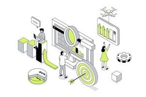 Data analysis 3d isometric concept in outline isometry design for web. People analyzing graphs and business reports, working with financial diagrams, making target and strategy. illustration. vector
