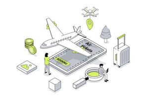 Booking flight 3d isometric concept in outline isometry design for web. People choosing travel destination, buying tickets to plane with luggage, boarding registration in app. illustration. vector