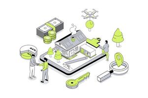 Mortgage investment 3d isometric concept in outline isometry design for web. People investing money in real estate, buying new apartments, owning property, dealing with broker. illustration. vector
