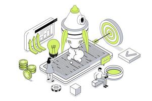 Startup business 3d isometric concept in outline isometry design for web. People creating new project, planning work, attracting investment, realising entrepreneur ambitions. illustration. vector