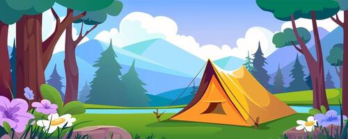 Camping tent in summer forest background banner for game design. Backpacking campground at meadow with wildflowers at morning time near lake in wood with mountains view. cartoon illustration vector