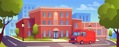 School building with bus background banner for game design. College or university exterior with entrance and windows, car stopping at city street with crosswalk and trees. cartoon illustration vector