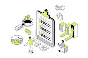 Survey 3d isometric concept in outline isometry design for web. People answering in questionnaire or quiz form, giving client feedback, choosing and marking in test checklist. illustration. vector