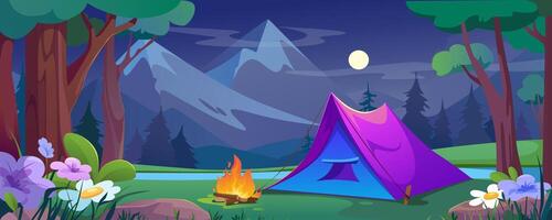 Camping tent in night forest background banner for game design. Backpacking campground at meadow with wildflowers by lake in dark wood with moon in sky and mountains view. cartoon illustration vector
