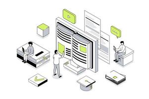 Modern education 3d isometric concept in outline isometry design for web. People reading e-books and digital textbook, learning at digital classroom, watching lectures. illustration. vector