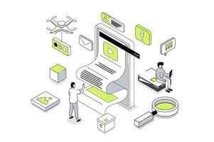 Mobile news 3d isometric concept in outline isometry design for web. People using smartphones to reading global news and posts in social media, daily articles at online press. illustration. vector
