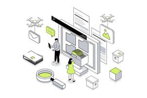 Electronic organization files 3d isometric concept in outline isometry design for web. People working with digital database at computer screen, organizing folders for storage. illustration. vector