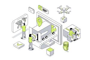 Worldwide delivery 3d isometric concept in outline isometry design for web. People using global logistic company with truck transportation, receiving parcels with cargo shipping. illustration. vector