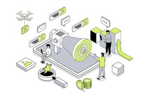Social media marketing 3d isometric concept in outline isometry design for web. People advertising online shop for attracting of target audience, getting orders and clients. illustration. vector