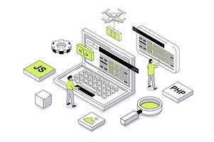 Website creating 3d isometric concept in outline isometry design for web. People creating UI UX interface and homepages at laptop screen, prototyping code and testing scripts. illustration. vector