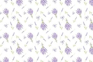 Lavender seamless pattern with purple flowers, bouquet and bow on white background. Floral background, repeating print, Botanical texture. illustration for textile, wrapping. vector